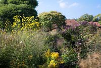 Summer borders at Piet Oudolf garden. Helianthus, Veronicastrum, Solidago Golden Mosa, foeniculum vulgare, Anemone, Deschampsia caespitosa, Vernonia noveboracensis.