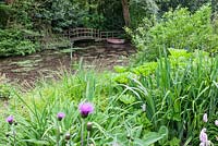 Main view of pond with walkway, boat and bridge on the far side. In the foregound are ornamental knapweed, Persicaria, yellow flag Iris pseudacorus,  Ligularia dentata and Bowles' golden sedge Carex elata 'Aurea'.