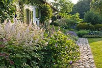 Paved path between lawn and summer border to the house.  Acanthus 'Spinosus', Geranium 'Rozanne', Astilbe 'Deutschland'. Dina Deferme garden