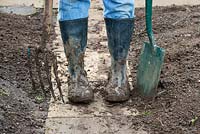 Gardener wearing muddy boots after digging the garden 