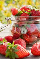 Picked strawberries in glass jar.