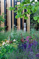 Cloudy Bay Sensory Garden, Tall oak panel fins on black back wall Irises, Salvia and Grasses in matrix planting scheme  