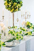 Christmas table setting in white and lime green  with candles and Poinsettia 'Christmas Feelings White'