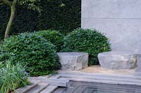 Trimmed evergreen shrubs and stones next to water feature - The Laurent Perrier Garden, RHS Chelsea Flower Show 2014 