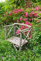 Chestnut wooden chair by Stephane Chassine with Rosa 'Maria Lisa'. Les Jardins de Roquelin, Loire Valley, France