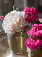Vintage silvered cups of roses: Rosa 'Gruss an Aachen', Rosa 'Belle de Remalard'. Les Jardins de Roquelin, Loire Valley, France
