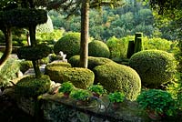 Topiary in French country garden with views to countryside beyond 