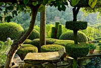 Topiary in French country garden with views out to countryside beyond 