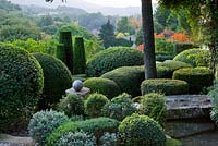 Clipped topiary shapes - Rhus Typhina - stags horn sumach and views to countryside beyond 