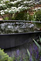 Elliptical pond constructed from Corian with salvias. Tour de Yorkshire, RHS Chelsea Flower Show 2014