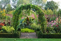 Archway with cobaea scandens, brick path through box edged beds 