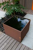 Modern contemporary garden in Brighton with square metal water feature showing reflection of Aralia