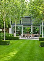 Lawn, glass pavilion, betula utilis 'jacquemontii' and outdoor dining  table - The Glass House, Petersham - Architects Terry Farrell Partners - Garden design by Sallis Chandler 