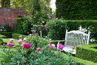 Romantic English walled country garden with ornamental seat, peonies and box hedging.  Seend, Wiltshire