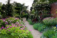 View along gravel path with colourful border including Peonies and Geranium psilostemon. Against a high wall is a wooden rose arbour seat with Rosa 'Sombreuil' - Seend, Wiltshire