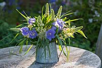 Campanula, lupin and grasses in metal container 