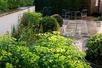 Patio with border of Geum, Euphorbia and Golden Yew
