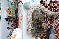 Succulents in recycled containers in a Mediterranean seaside summer garden with old fishing floats and rope 
