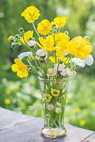 Floral display of Ranunculus acris and Bellis perennis in small glass vases.