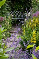 Lysimachia punctata mixing quite harmoniously with Nepeta and Alliums providing a quiet escape, with the interesting mill pond and stream in view. Mill Dene Garden, Gloucestershire. 