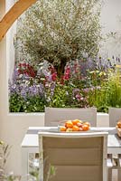 Modern outdoor entertaining space with raised perennial planting and Olea euopaea tree, Al Fresco, RHS Hampton Court Flower Show 2014