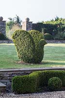 Shaped hedging and topiary at Barbara Stockitts garden at West Kington, Wiltshire