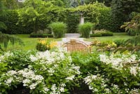 White Hydrangea paniculata 'Quick Fire' with orange and red daylilies 'Hemerocallis' and the back of a brown metal lattice garden bench. Miscanthus sinensis 'Berlin' ornamental grass plants in the background - Il Etait Une Fois, Monteregie, Quebec, Canada. 