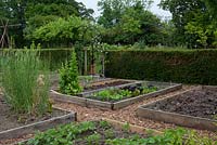 Vegetable garden in May, timber raised beds, surounding hedge, arched gate, salad leaves, soil ready for planting