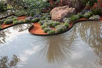 Essence of Australia - view of garden pond pool surrounded by Brachyscome blue - Designer