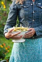 Woman with colander of harvested french beans 'Merveille de Piemonte'.