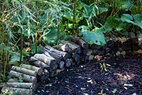 A wood pile makes a low wall and a haven for wildlife