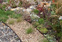 The Flintnapper's Garden - A Story of Thetford. The paths are made of a selection of sedums, sempervivums, pine cones and gravel. Designer: Luke Heydon - Sponsors: Businesses and Residents in and around Thetford