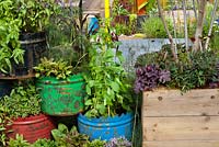 Colourful containers as a fence planted with vegetables. 