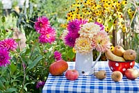 Jug of dahlias and enamel pot of harvested pears 'Abate Fetel' on table.