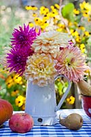 Jug of Dahlias and harvested pears 'Abate Fetel' on the table.