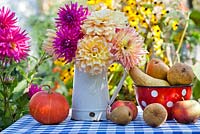 Jug of dahlias and enamel pot of harvested pears 'Abate Fetel' on the table