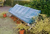 Garden bench covered with tarpaulin for winter, Norfolk, UK, December