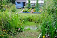 Summer garden with wildlife area in foreground leading to mixed flower and vegetable raised beds