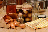 Country kitchen scene with home made jars of pickled onions, vinegar, pickling onions, pickling spice and traditional kitchen items