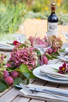 Table setting decorations using hydrangea, cosmos bipinnatus 'Antiquity' and plums - Prunus domestica 'Victoria'