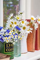 Floral display of Cornflower - Centaurea, Feverfew - Tanacetum parthenium and Anthriscus sylvestris in vintage coffee tin, accompanied with Leucanthemum vulgare, with a view through a window to the garden