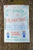 Notice above tree pit by 6th South Islington Girl Guides saying - Please do not Steal our Flowers.