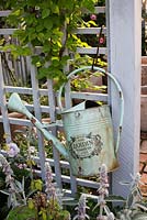 Rustic metal watering can hanging on garden trellis