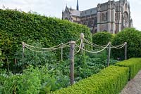 Arundel Castle - Wooden posts and rope making a framework over a strawberry bed so that bird protection netting can be draped over when the fruits form 