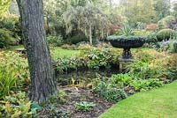 Pond in the Old Orchard with wrought metal basket urn planted with hebe and a variegated yucca surrounded by rodgersias, hostas, primulas and filipendula.