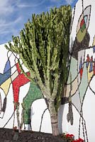 Euphorbia candelabrum against wall with abstract mosaic by Cesar Manrique set within black volcanic rock walls  