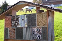 Grazing horses seen through wooden insect habitat 
