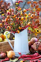 Floral and harvest display on a table. Jug of rosehips, and berberis. Onions, peppers, fennel, kale, turnips.