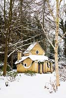 The Sanctuary covered in snow. Highgrove Garden, January 2013. It was built in 1999 to mark the Millennium and is a place of contemplation.  It is made entirely of natural materials. Devised by Professor Keith Critchlow of the Prince's school of Tradtional Arts and Crafts 
