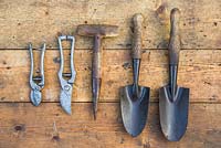 Collection of vintage garden tools on a wooden surface. Secateurs, seed dibber and hand Trowels
